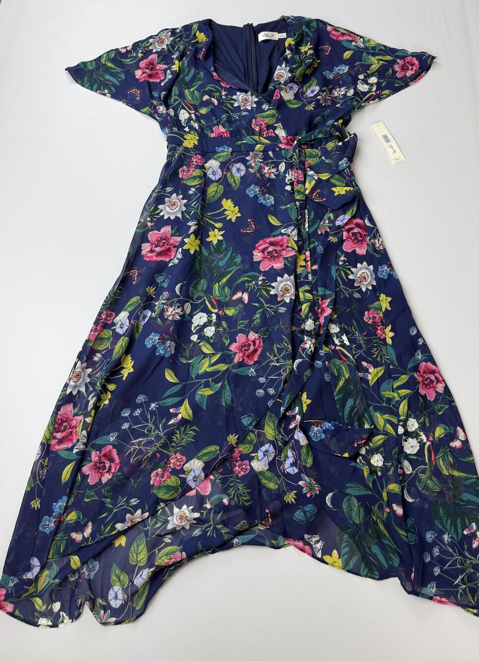 Eliza J Dress Womens 10 Blue Floral V Neck Short Sleeve Chiffon Wrap Hi Low Maxi